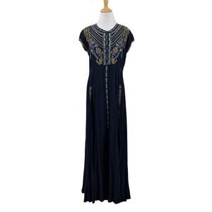 Johnny Was Dress Womens S Small Navy Embroidered 1/2 Button Floral Boho Maxi